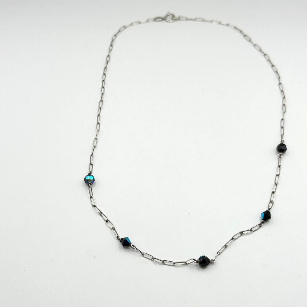 925 Sterling Silver Chain Necklace Dark Blue Beads Lobster Claw Clasp